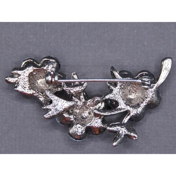 Floral Black Metal Brooch Pin With Red Rhinestone Flowers in Gift Box - Picture 3 of 4